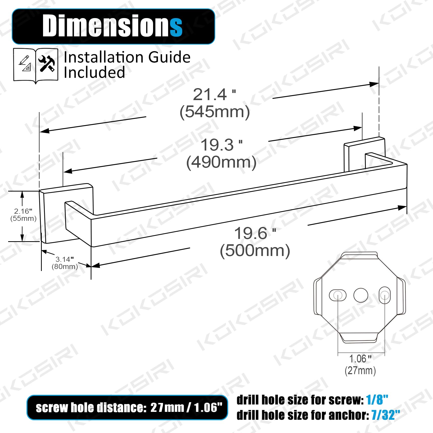 Kokosiri 20-Inch Single Towel Bar, Bathroom Kitchen Towel Holder, Wall Mounted Sus304 Stainless Steel Towel Rack, Brushed Nickel